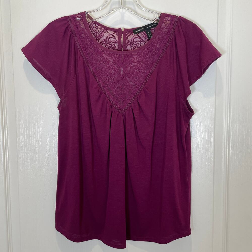 White House Black‎ Market Lace Yoke Top Purple Flutter Short Sleeves S